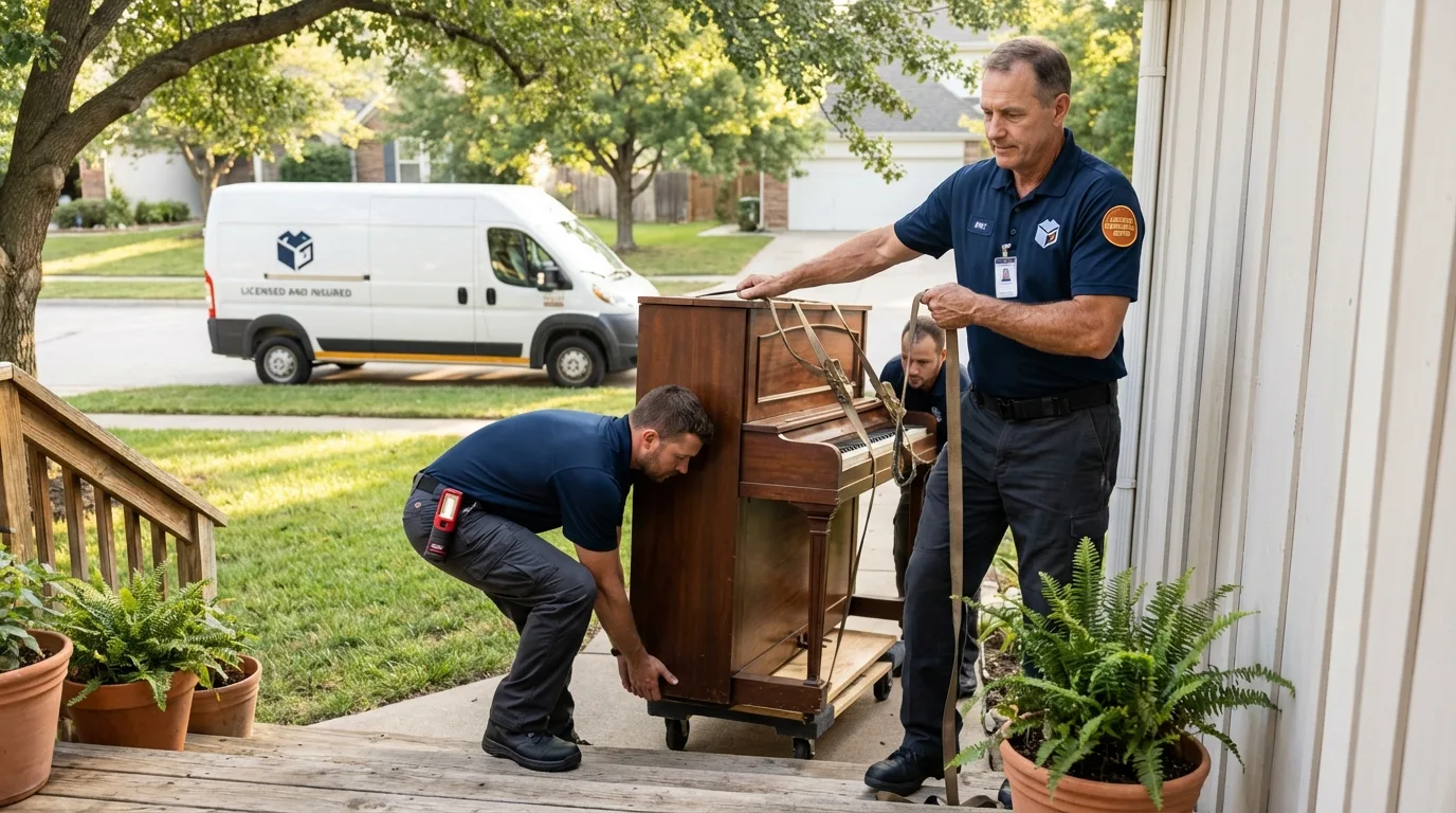Licensed piano movers securing grand piano in Schoolcraft, MI