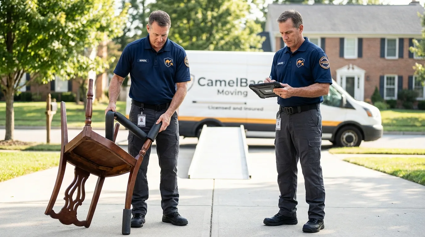 Movers inspecting furniture for damage prevention before loading in Schoolcraft, MI